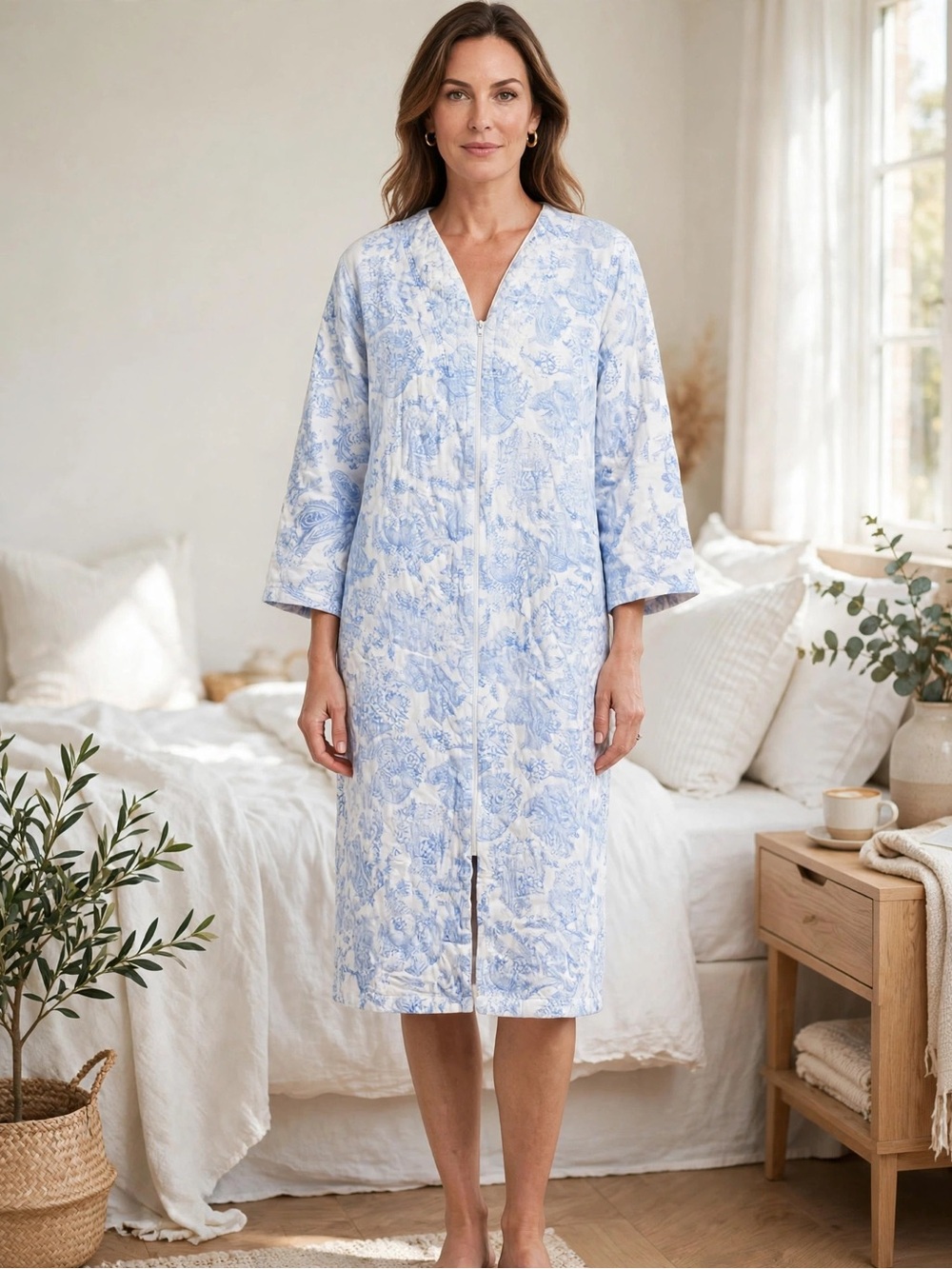 Miss Elaine Blue White Paisley Gown 3/4 Sleeve V-Neck Button Front XL